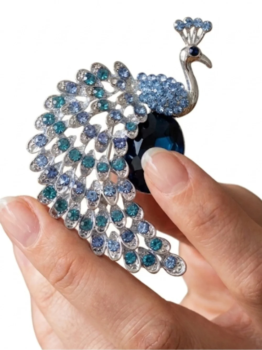 Silver Peacock Brooch Blue Teal Rhinestone Crystal Pin New in Box